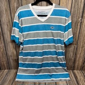 Ecko Unltd Mens Large V-Neck T-Shirt Blue Grey Striped Short Sleeve Rhino Y2K